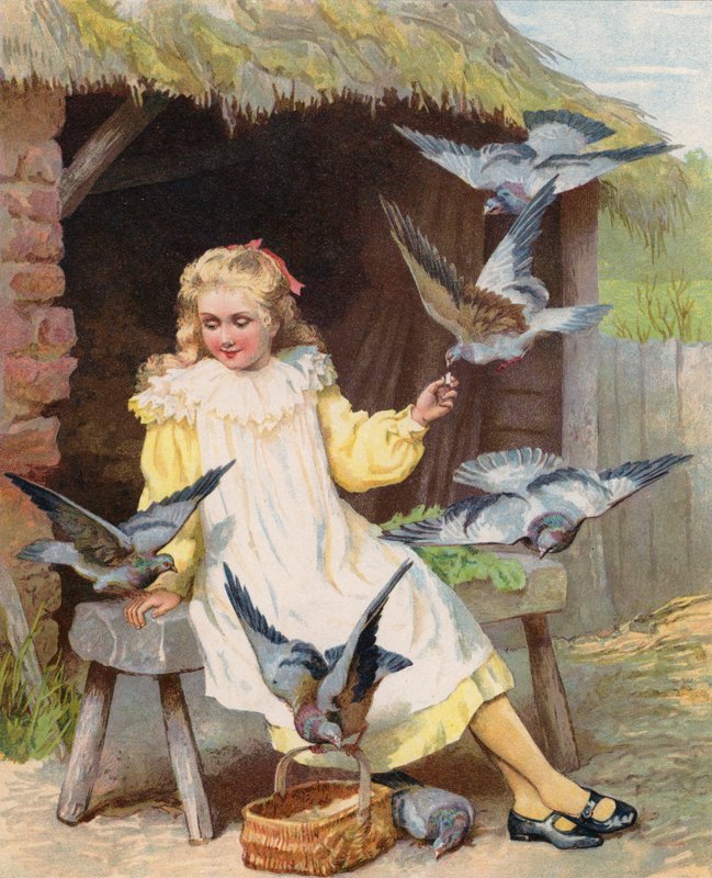 Unga flickor som matar duvor på en gård (chromolitho) av English School