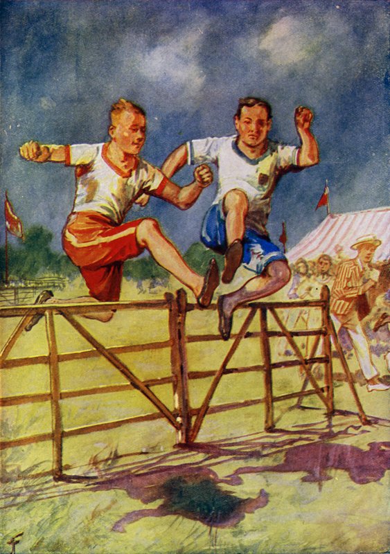 Unga män som tävlar i ett hinderlopp (färg litho) av English School