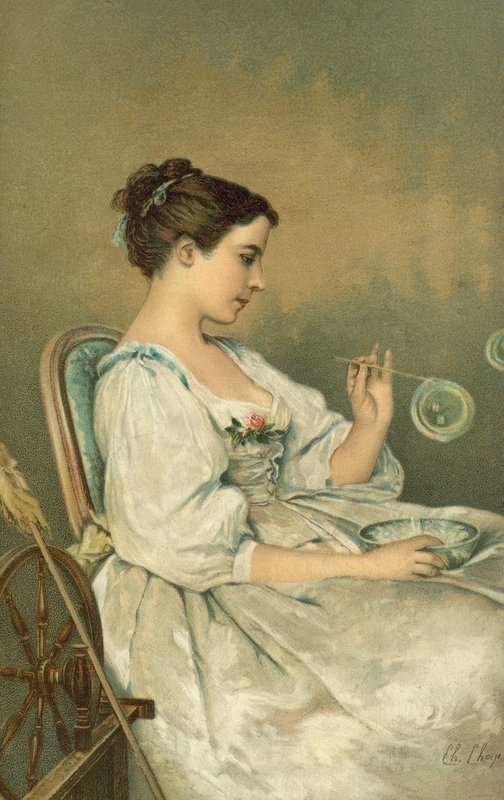 Ung kvinna som blåser bubblor (chromolitho) av English School