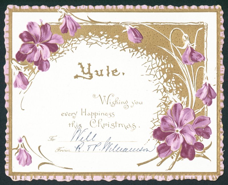 Yule, violetta blommor, julkort av English School