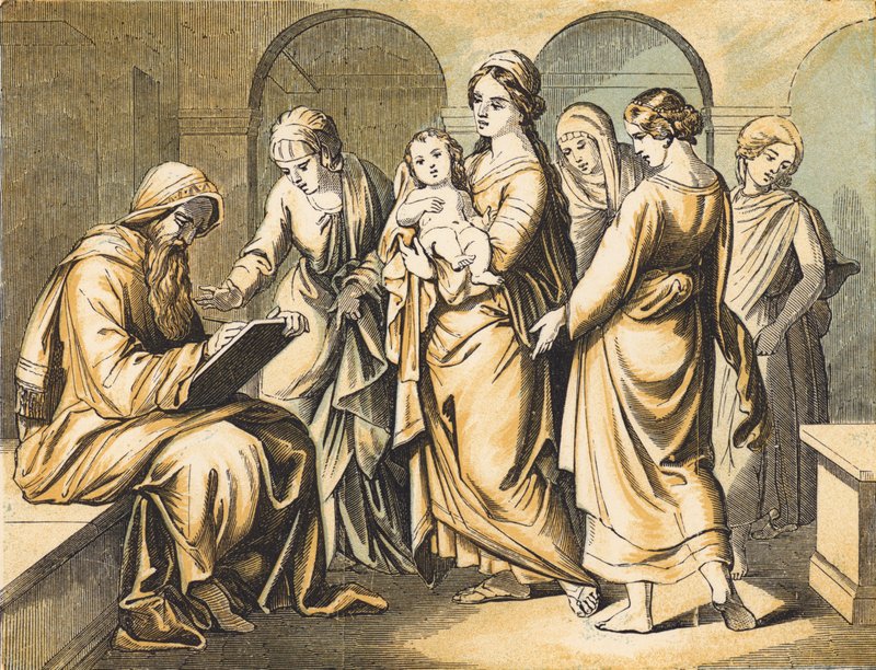 Zacharias som namnger Johannes Döparen (färgad gravyr) av English School