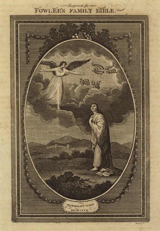 Sakarias syn, Sakarja, kapitel 1, vers 18 (gravyr) av English School
