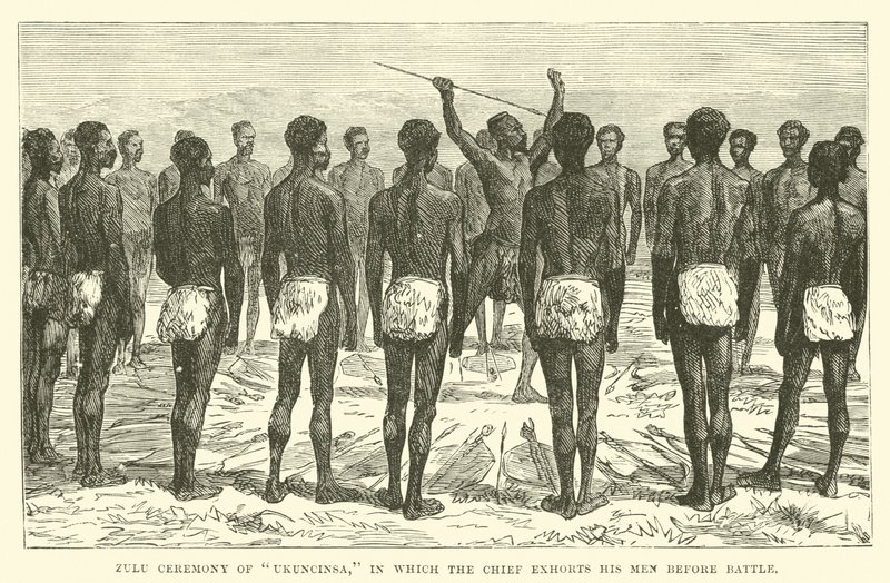 Zulu-ceremoni i Ukuncinsa, där chefen uppmanar sina män före strid av English School