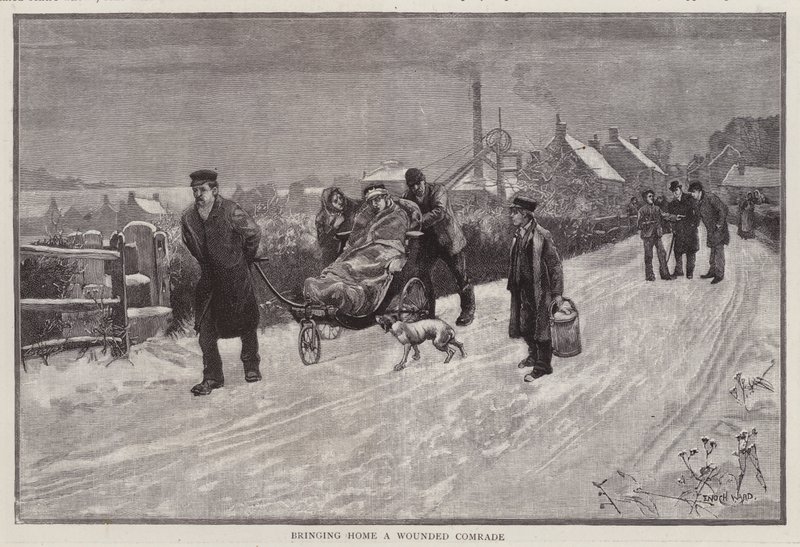 En kolgruvarbetare skadad på jobbet förs hem (litho) av Enoch Ward