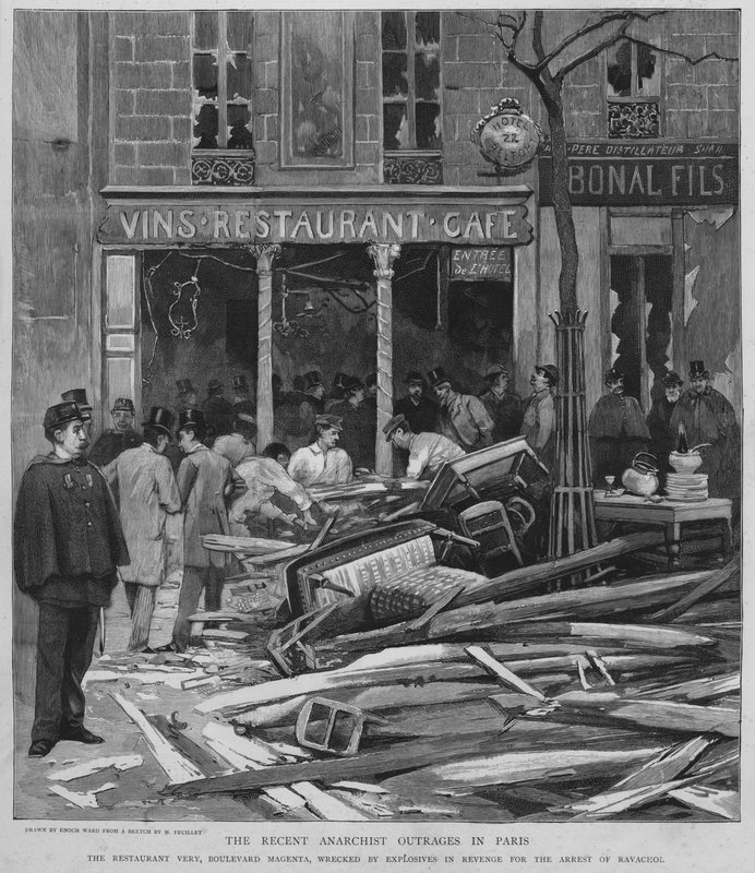 Anarkistisk terror i Paris: bombning av restaurangen Very på Boulevard de Magenta som hämnd för arresteringen av Ravachol, 25 april 1892 (litho) av Enoch Ward