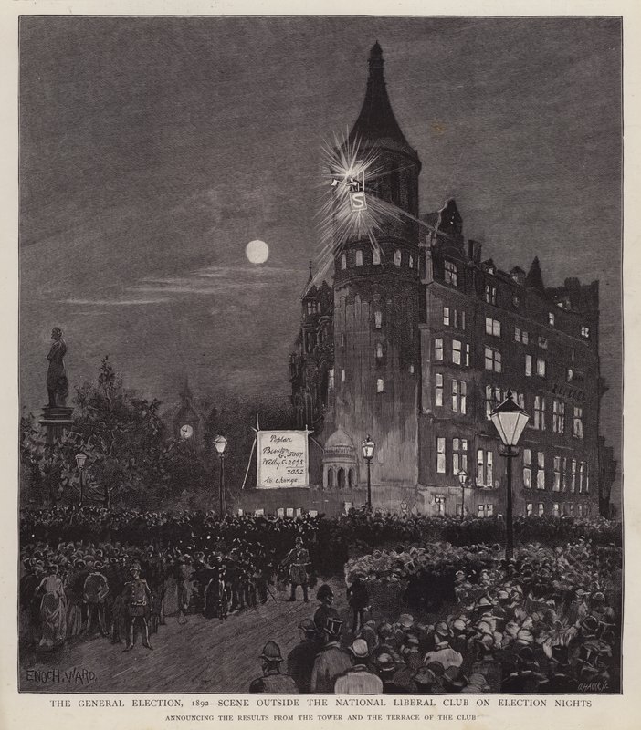 Tillkännagivande av resultatet av 1892 års allmänna val från Liberal Club, Westminster, London (litho) av Enoch Ward