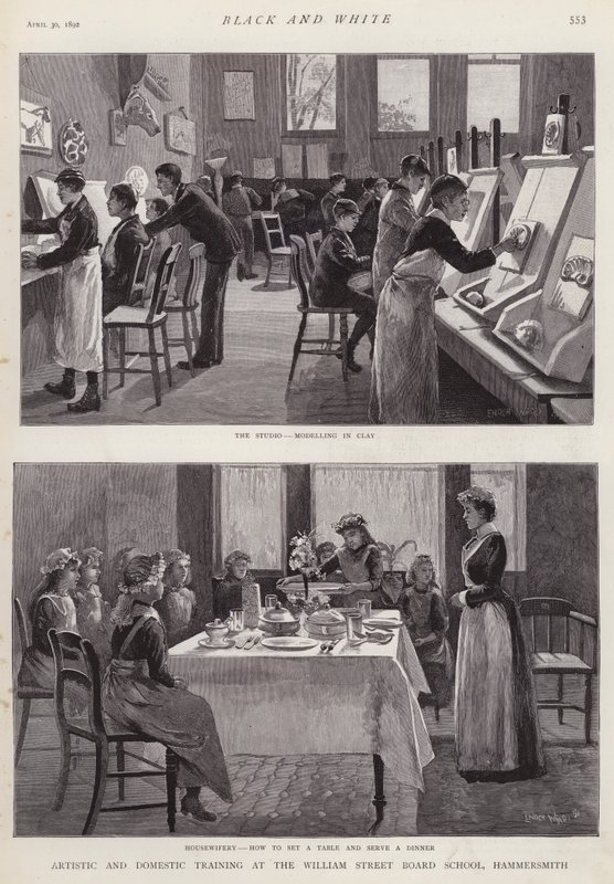 Konstnärlig och inhemsk träning vid William Street Board School, Hammersmith, London (litho) av Enoch Ward