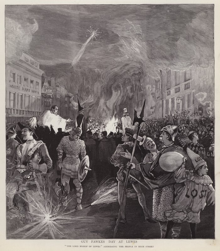 Guy Fawkes Day procession i Lewes, Sussex, 5 november 1892 (litho) av Enoch Ward