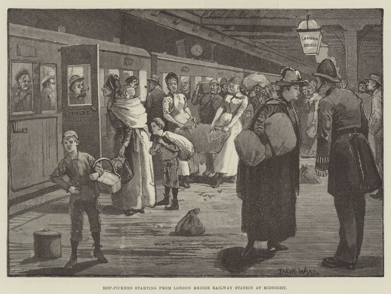 Hop-Pickers startar från London Bridge Railway Station vid midnatt. av Enoch Ward