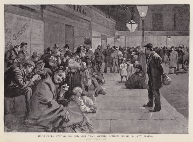 Humleplockare väntar utanför London Bridge Station på midnattståget till Kent (litho) av Enoch Ward