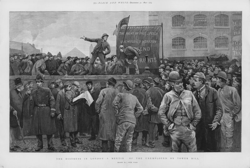 Möte för arbetslösa arbetare på Tower Hill, London (litho) av Enoch Ward
