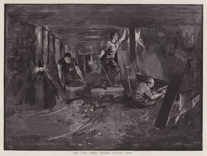 Gruvarbetare som arbetar under jorden vid kolytan (litho) av Enoch Ward