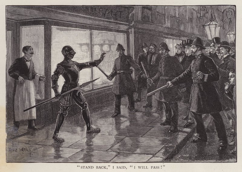 Polisman konfronteras av en man klädd i en medeltida rustning på en gata i London (litho) av Enoch Ward