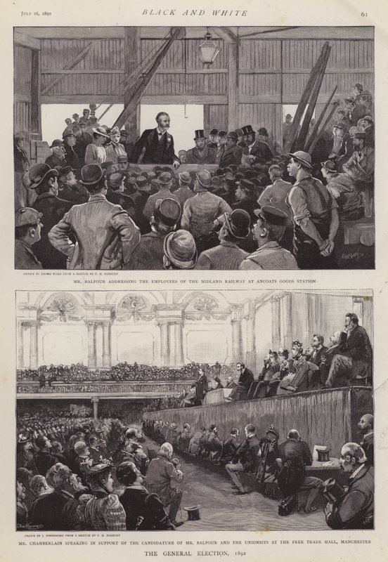 Scener från den brittiska valkampanjen 1892 (litho) av Enoch Ward