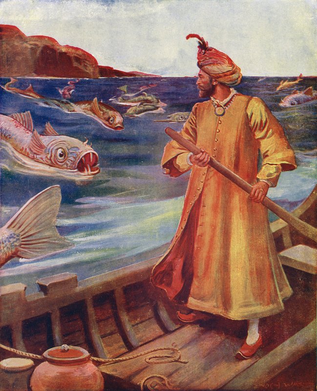 Sindbad ser de stora fiskarna (färglitografi) av Enoch Ward