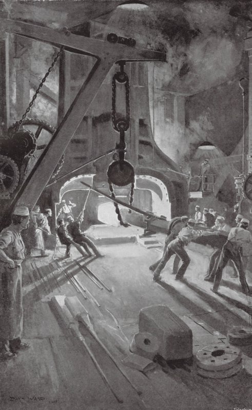 Den 40 ton tunga ånghammaren i arbete i Woolwich Arsenal (litografi) av Enoch Ward