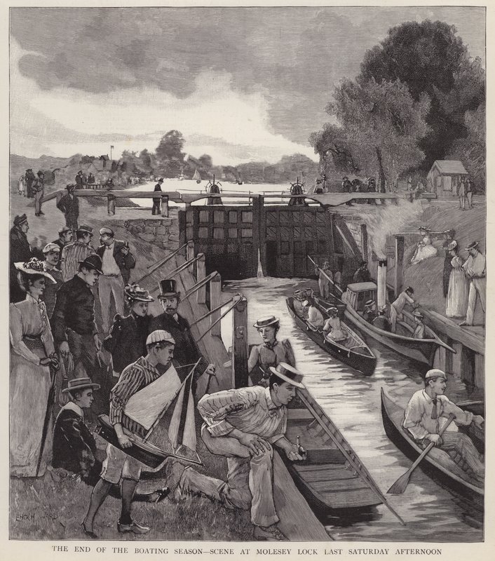 Slutet av båtsäsongen: scen vid Molesey Lock vid Themsen, Surrey (litho) av Enoch Ward