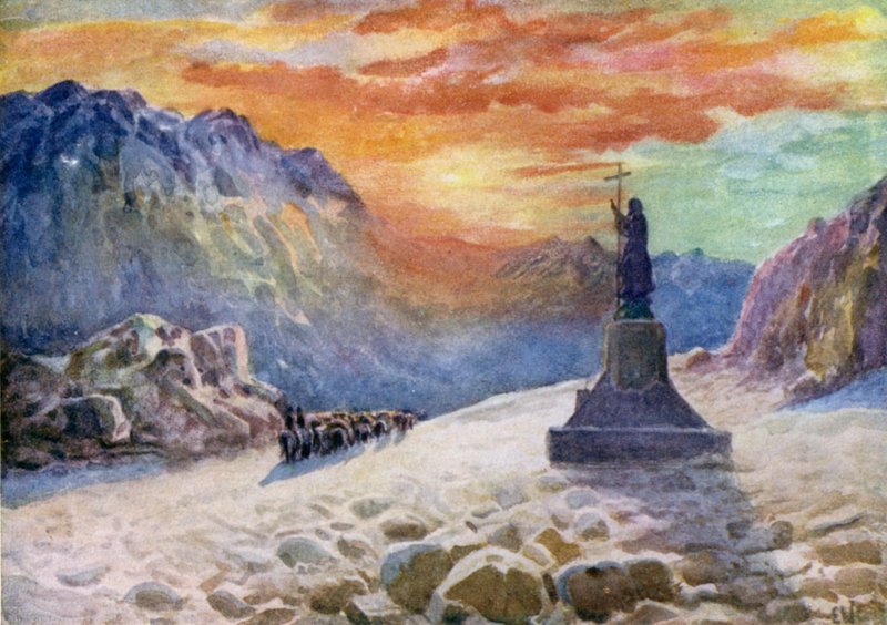 Statyn av Kristus på den argentinsk-chilianska gränsen, soluppgång av Ernest William Christmas