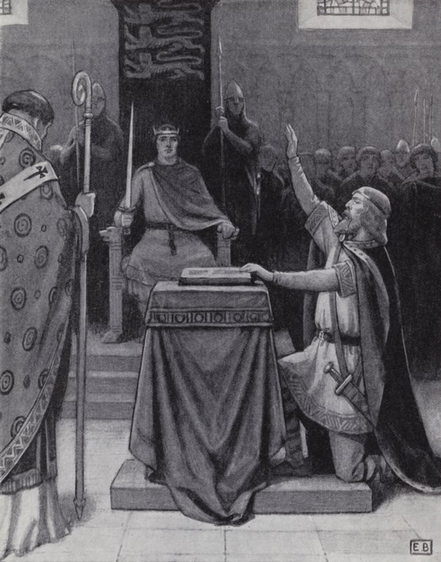 Harold Godwinson svär en ed på heliga reliker för att stödja William, hertigen av Normandies anspråk på den engelska tronen (litho) av Ernest (after) Board