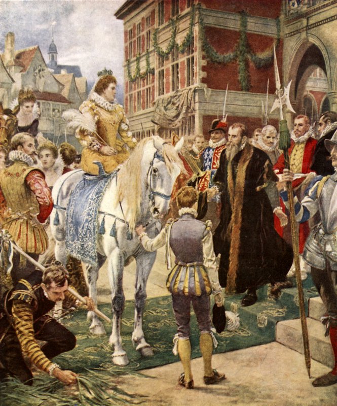 Drottning Elizabeth öppnar Royal Exchange (färg litho) av Ernest (after) Crofts