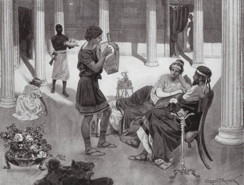 Interiören i ett grekiskt hus, IV:e århundradet f.Kr (litografi) av Ernest (after) Prater