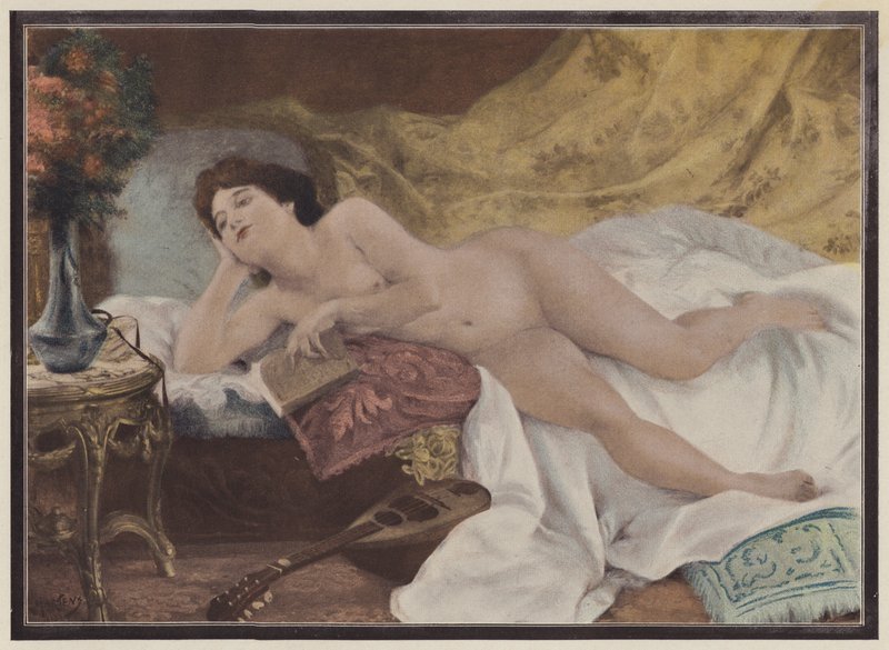 Den sista sidan av romanen, kvinna som läser (färg litho) av Ernest Edouard Martens