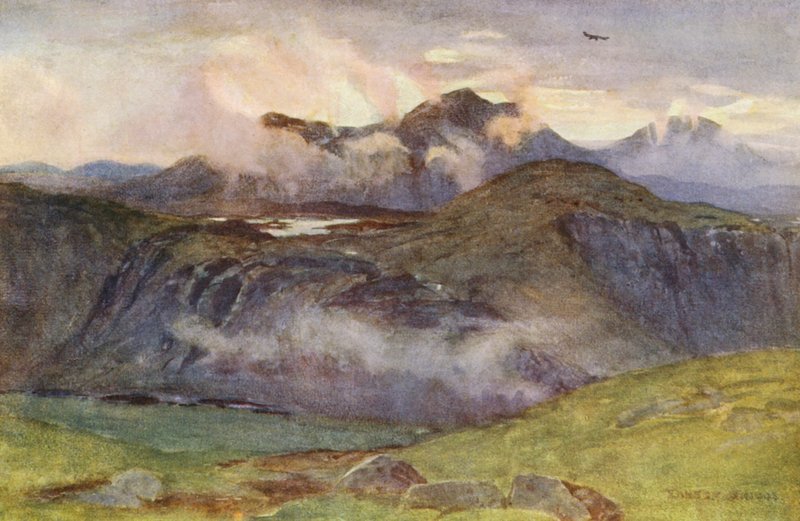 Merrick och Loch Enoch från toppen av Corscrine (färglitografi) av Ernest Edward Briggs