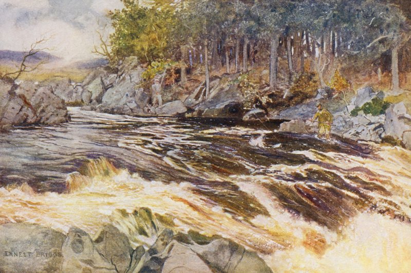 Laxfiske på Ken, ett kritiskt ögonblick (färglitografi) av Ernest Edward Briggs