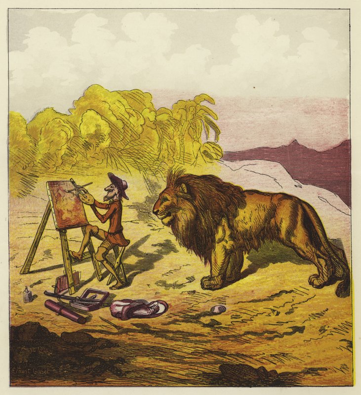 John Bold överraskad av ett lejon när han målade av Ernest Henry Griset