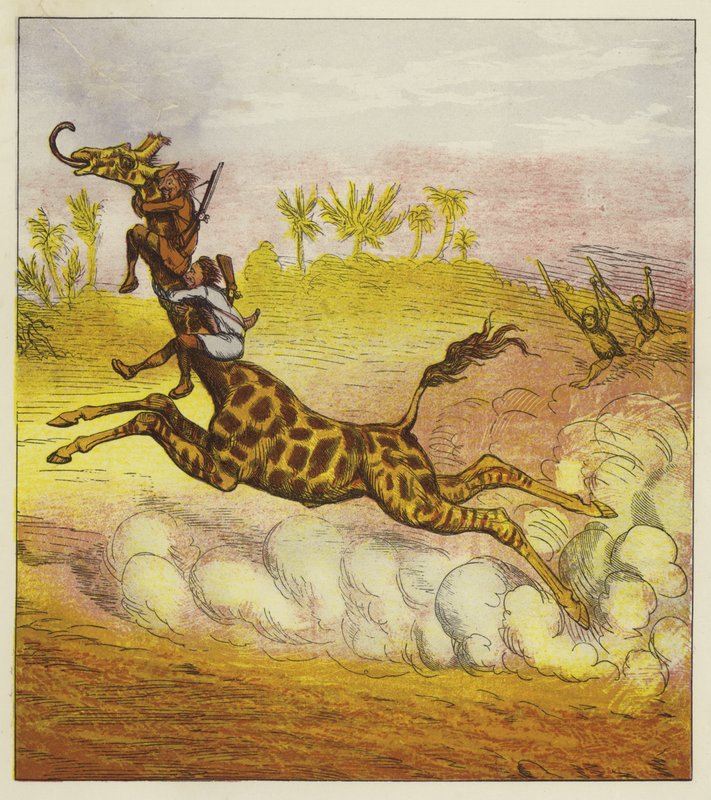 Bröderna Bold flyr från gorillorna genom att rida på en giraff. av Ernest Henry Griset