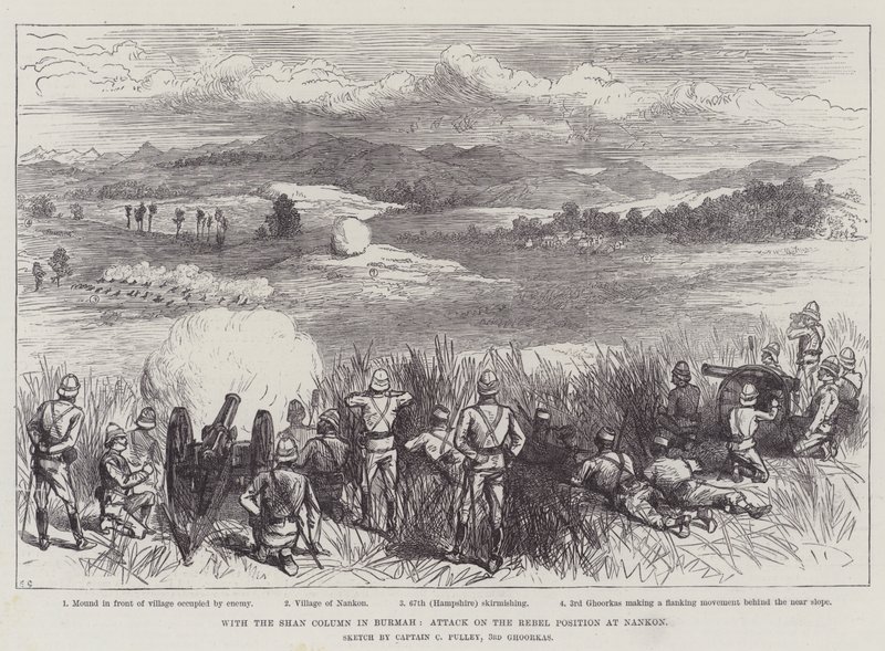 Med Shan-kolonnen i Burma, angrepp på rebellernas position vid Nankon av Ernest Henry Griset