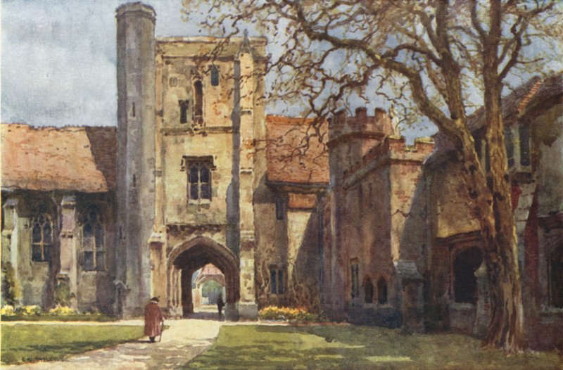 Beaufort Tower och Ambulatory St Cross (färg litho) av Ernest William Haslehust