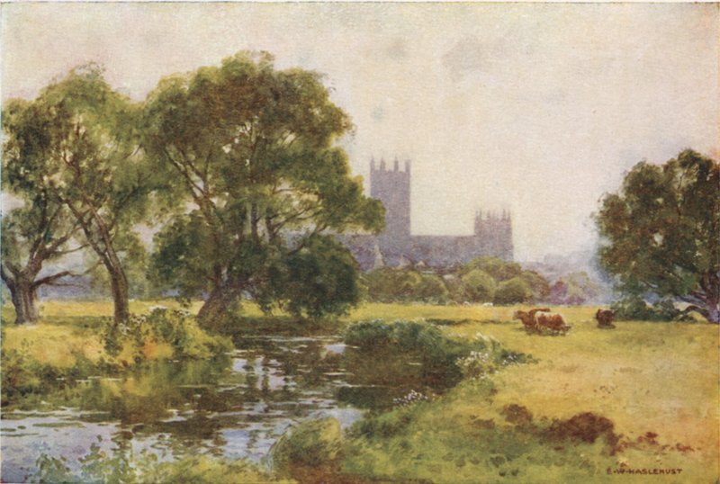 Canterbury från Stour (färg litho) av Ernest William Haslehust