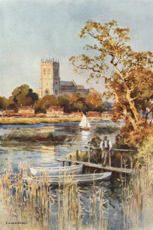 Christchurch Priory från Wick Ferry (färg litho) av Ernest William Haslehust