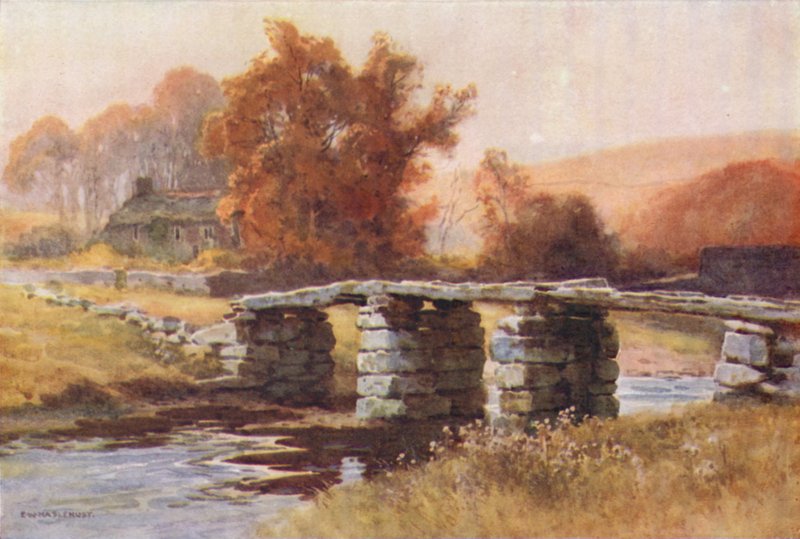 Clapper Bridge, Postbridge (färg litho) av Ernest William Haslehust
