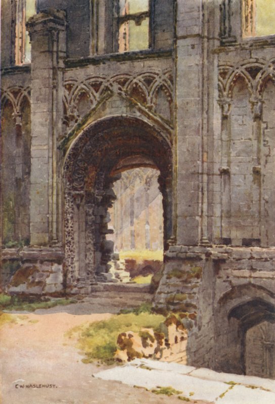 Dörröppningen till Chapel of St. Mary, Glastonbury Abbey (färg litho) av Ernest William Haslehust