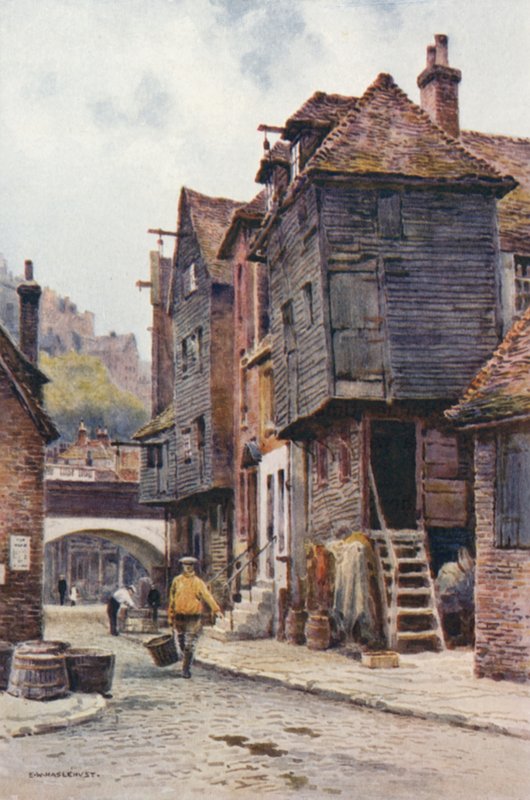 Fiskarkvarteret, Folkestone (färg litho) av Ernest William Haslehust