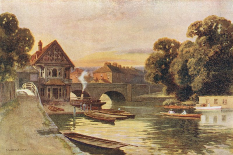 Folly Bridge, Oxford (färg litho) av Ernest William Haslehust