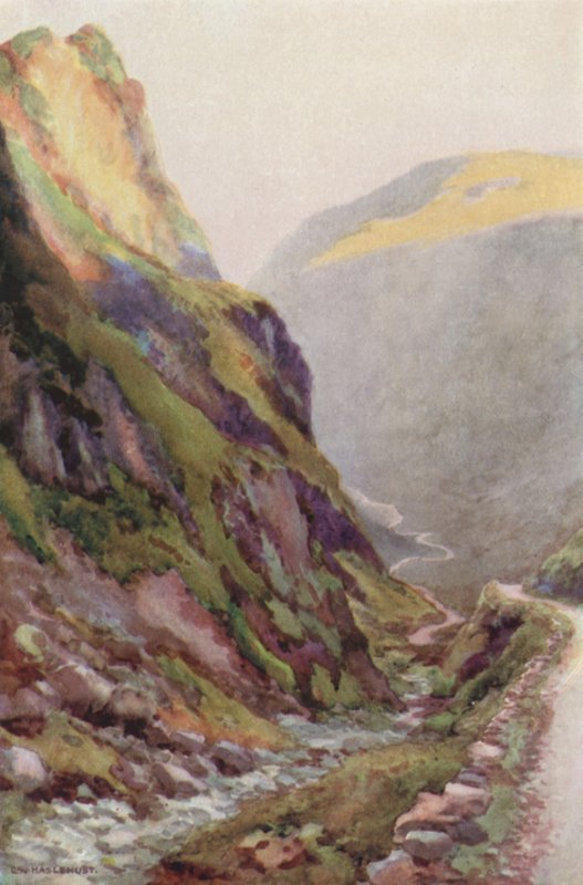 Honister Pass Dawn (färg litho) av Ernest William Haslehust