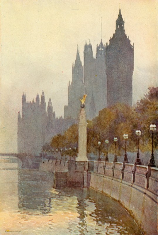 Houses of Parliament från banvallen (färg litho) av Ernest William Haslehust
