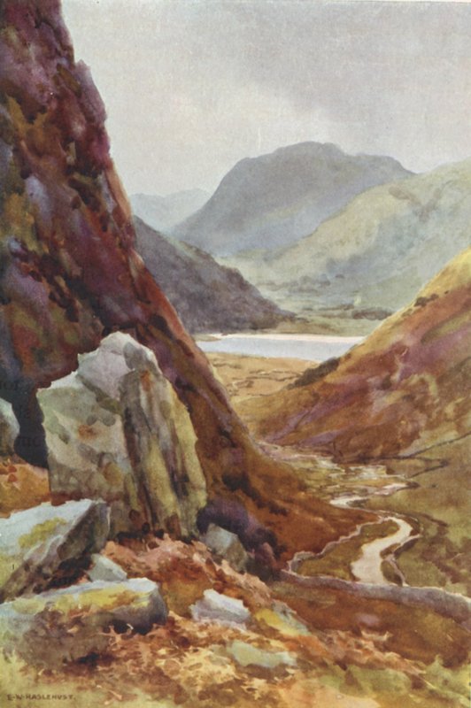 Kirkstone Pass och Brothers Water (färg litho) av Ernest William Haslehust