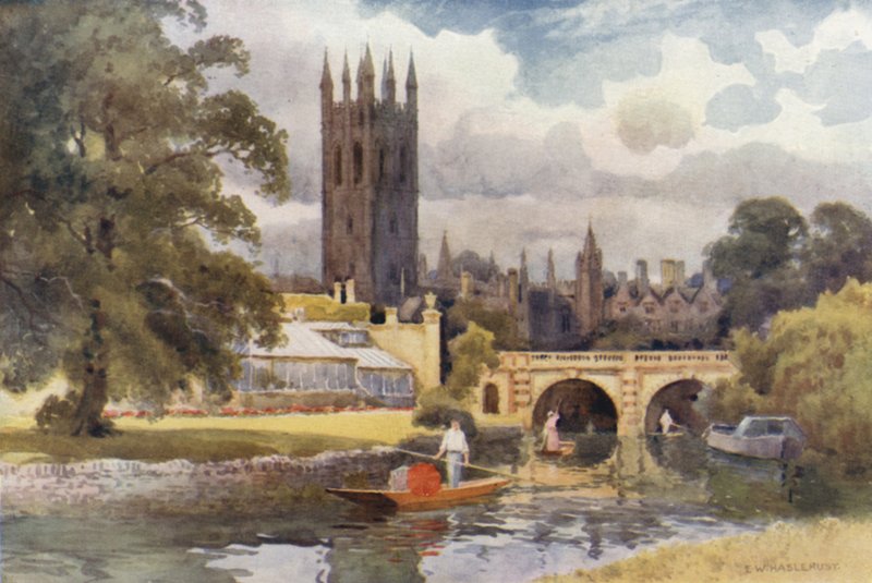 Magdalen College från Cherwell (färg litho) av Ernest William Haslehust