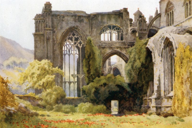 Melrose Abbey: Choir and North Transept (färg litho) av Ernest William Haslehust