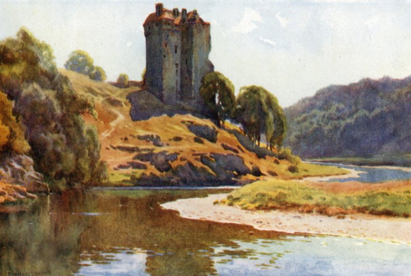 Neidpath Castle (färg litho) av Ernest William Haslehust