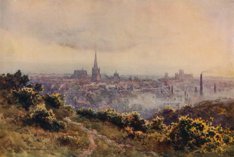 Norwich från Mousehold Heath (färg litho) av Ernest William Haslehust
