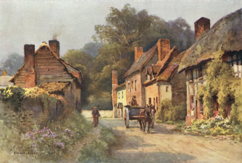Gamla stugor, Fownhope (färg litho) av Ernest William Haslehust