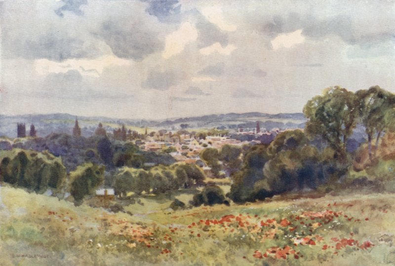 Oxford från Headington Hill (färg litho) av Ernest William Haslehust