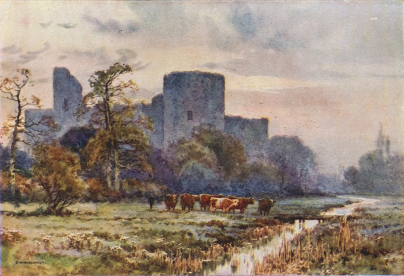 Pevensey Castle from the Meadows (färg litho) av Ernest William Haslehust