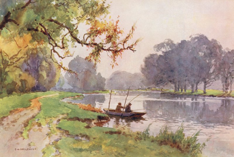Floden Themsen: Above the Lock, Weybridge (färglitografi) av Ernest William Haslehust