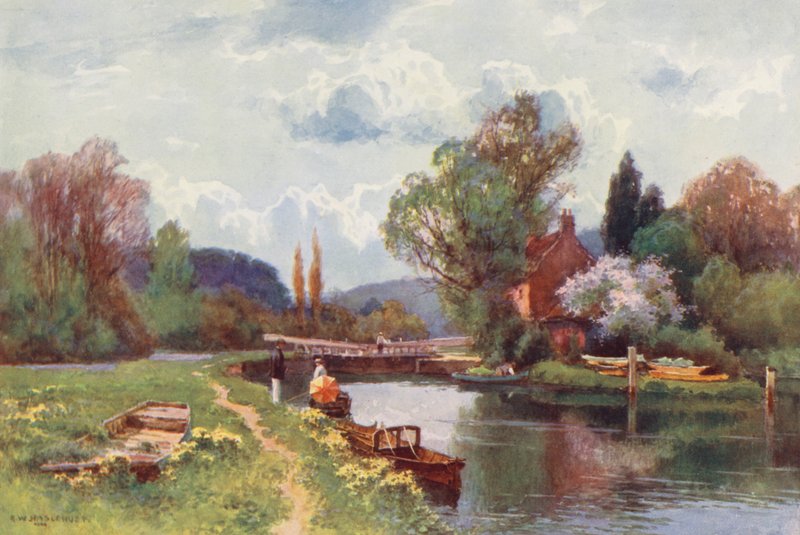Floden Themsen: Hurley Lock (färglitografi) av Ernest William Haslehust